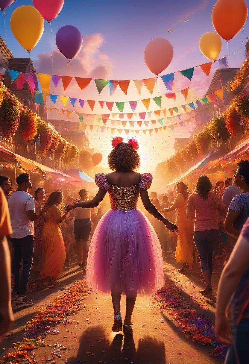 A colorful and dynamic scene showcasing a vibrant LGBTQ+ festival, featuring joyful crowds celebrating with rainbow flags, balloon arches, and confetti in the air. Capture people from diverse backgrounds dancing, laughing, and enjoying various activities such as drag performances, live music, and food stalls. The atmosphere should radiate love and inclusivity with bright lighting and a sunset in the background. super-realistic. vibrant colors. joyful atmosphere.