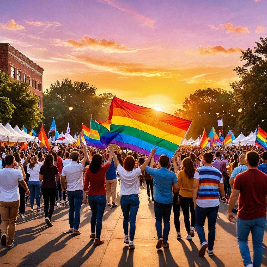 A vibrant and festive scene depicting a diverse crowd of individuals joyfully celebrating at an outdoor LGBTQ+ gathering. Incorporate colorful banners and flags representing all orientations, with lively activities such as dancing, music, and artistic performances. The background features a beautiful sunset, symbolizing love and unity, while including diverse couples and individuals expressing their love freely. super-realistic. vibrant colors. 3D.