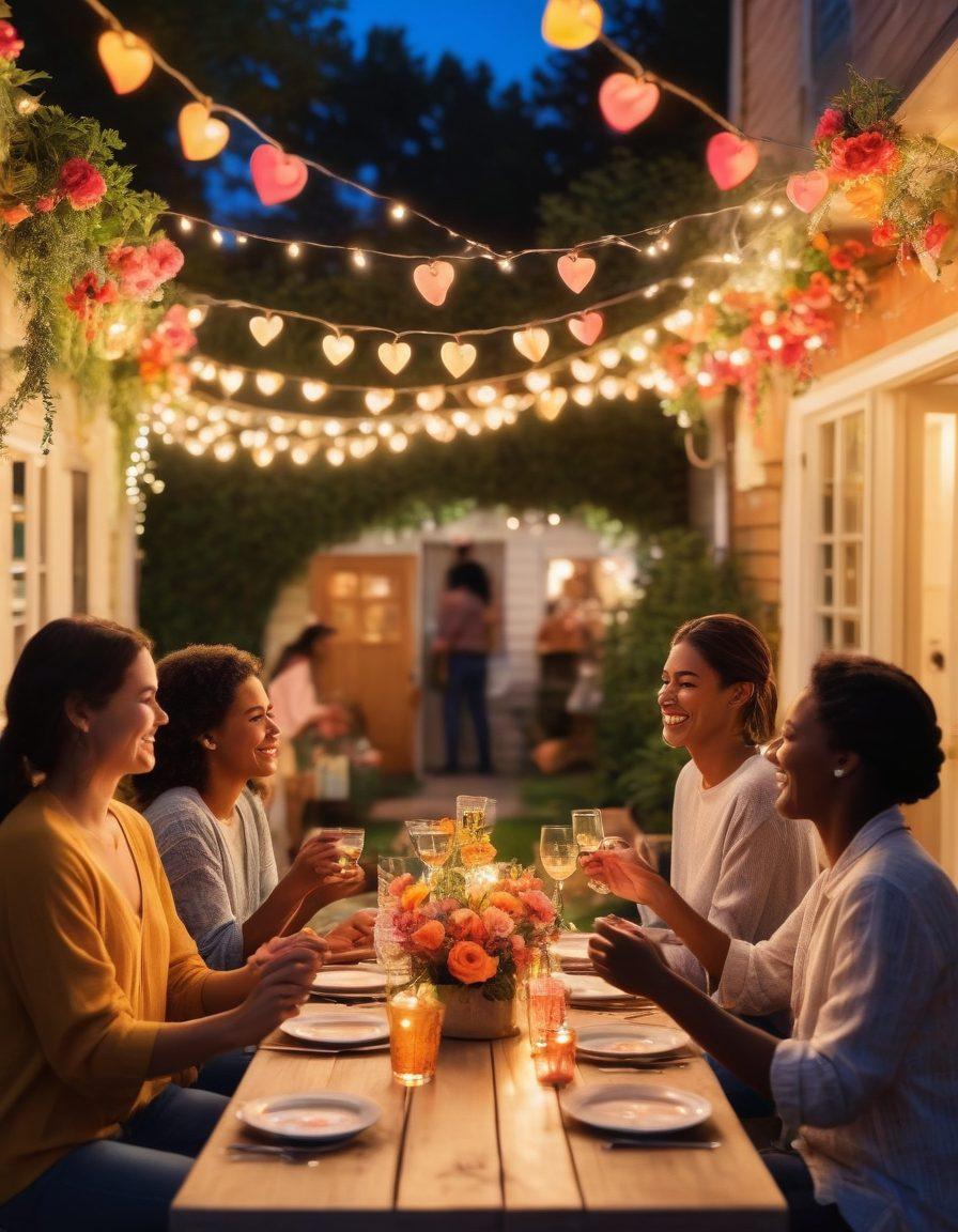 An inviting scene of a diverse group of people engaged in lively conversation and laughter at a colorful outdoor romantic gathering. Include heart-shaped decorations, vibrant flowers, and twinkling string lights overhead. Showcase a few individuals expressing joy and friendship, with a warm sunset in the background to enhance the atmosphere. The image should exude warmth, inclusivity, and connection. super-realistic. vibrant colors. outdoors.